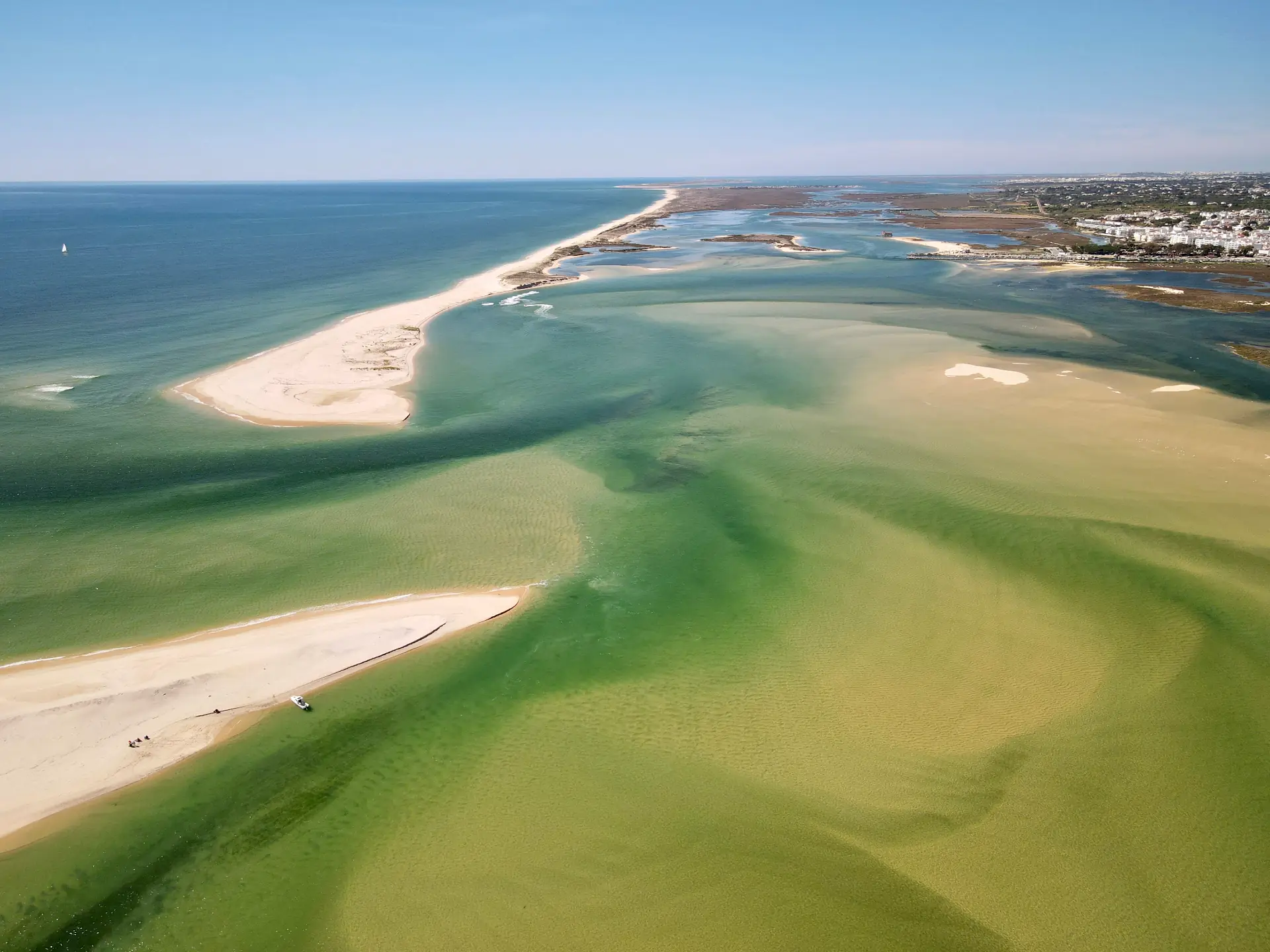 Aerial view of the channels, sandbanks and barrier islands of the Ria Formosa