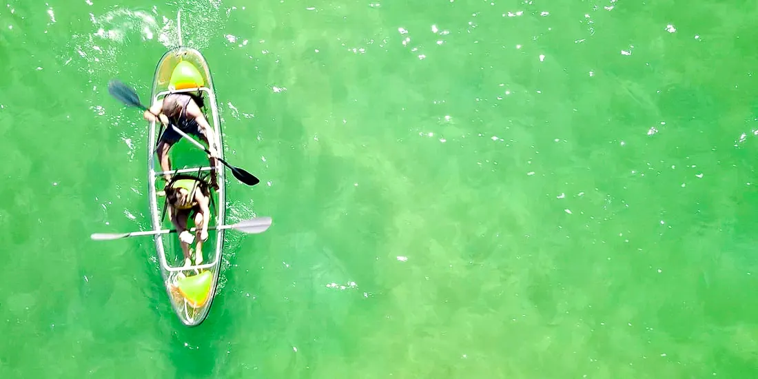 Two guests in a clear kayak seen from above